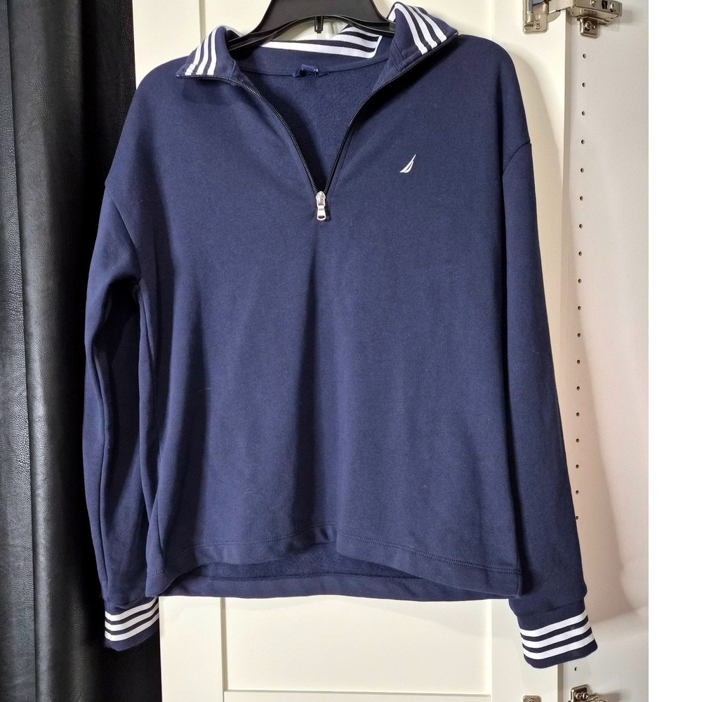 Nautica Quarter Zip Sweatshirt Navy Blue‎ White Stripe Collar Size S
